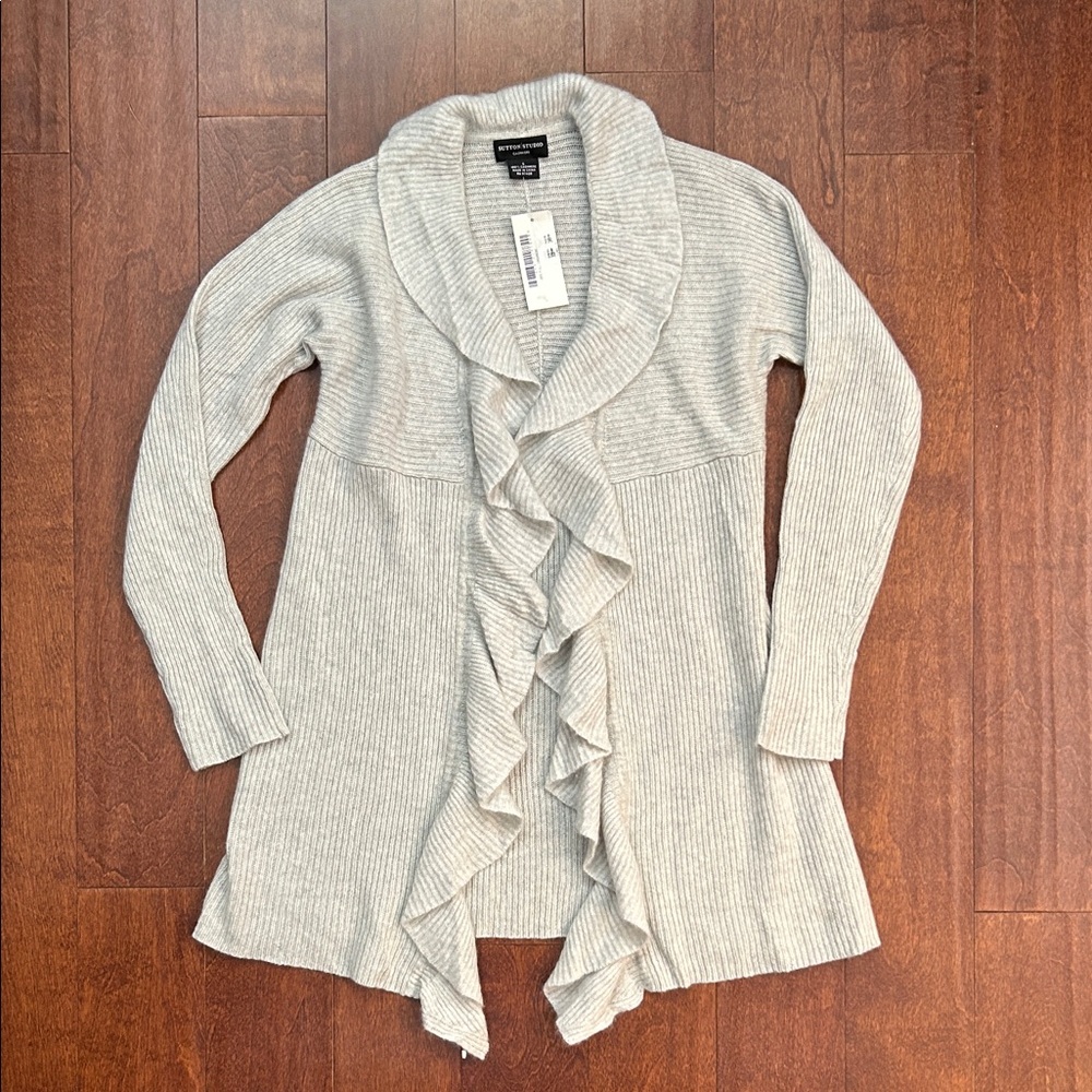 Sutton Studio Cashmere Soft Gray Ruffle Open Front Cardigan Sweater, Size S, NWT